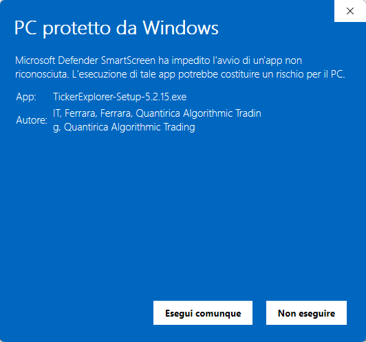 L'avviso di Windows SmartScreen con il nome dell'autore.