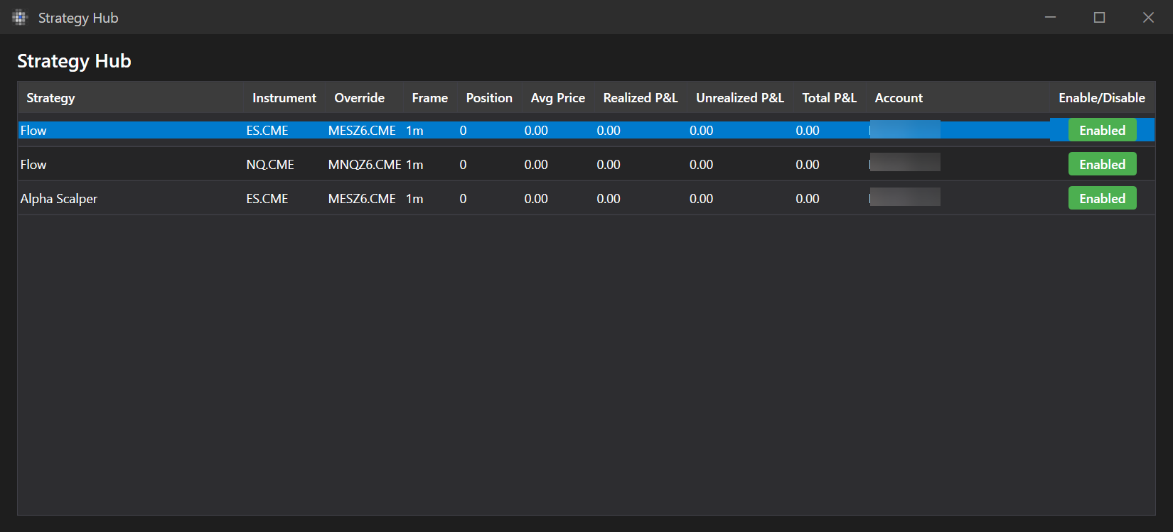 Lo Strategy Hub con tre strategie attive su ES e NQ.