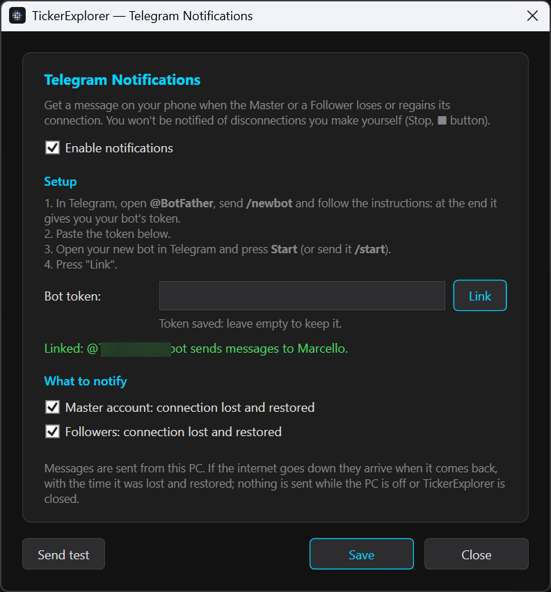 La finestra Telegram Notifications con il bot collegato.