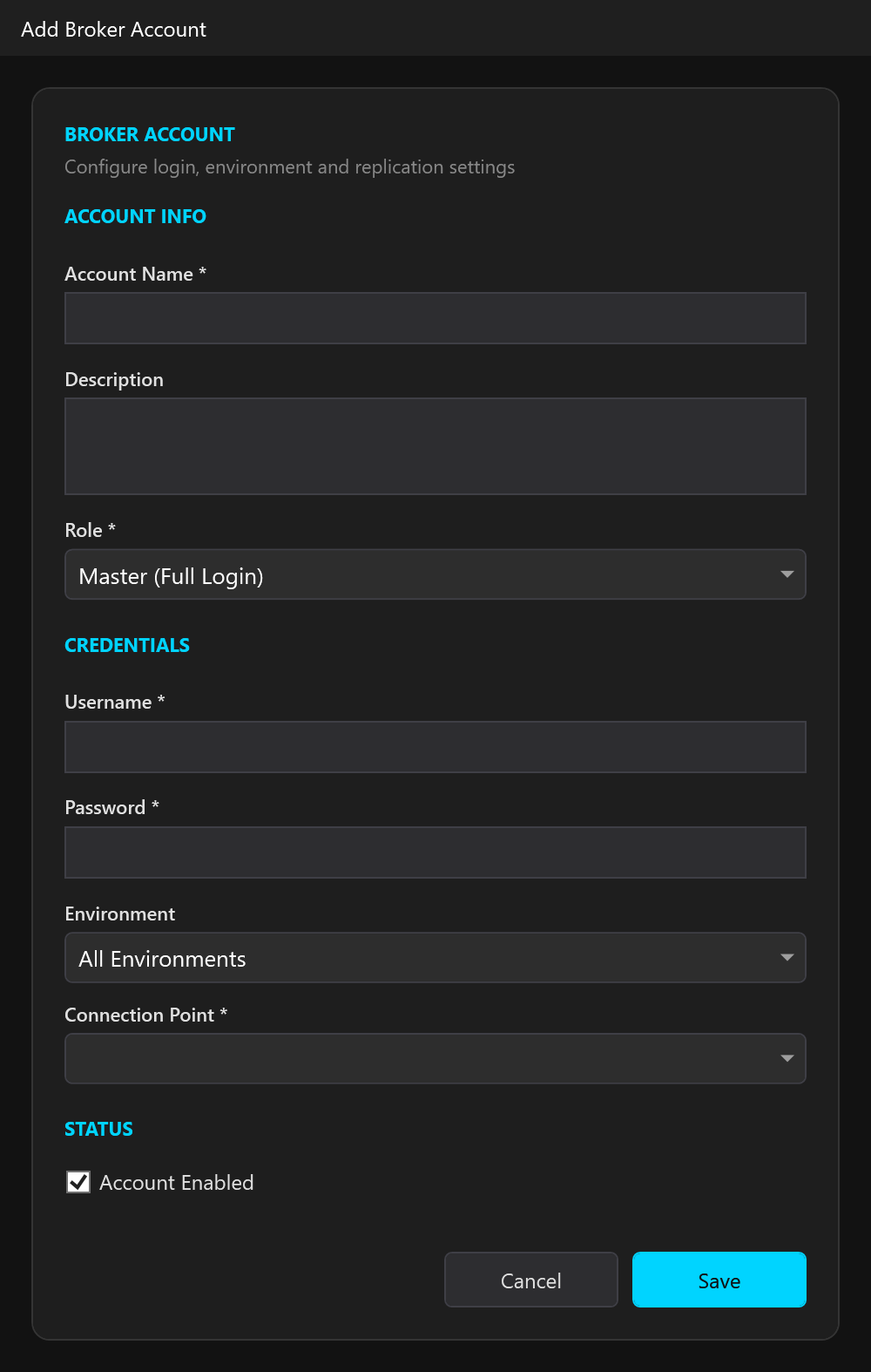La finestra Add Broker Account per un conto Master.