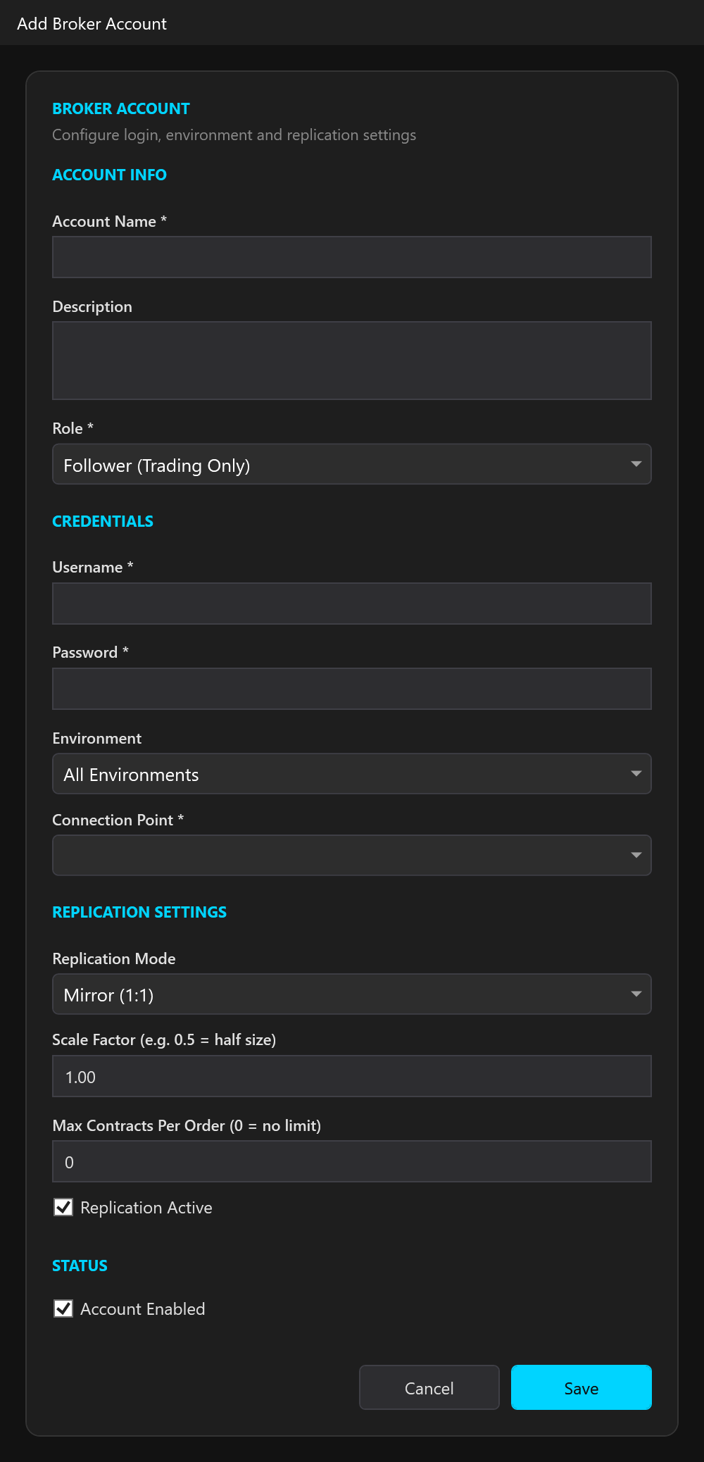A Follower account with its replication settings.