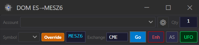 The DOM controls: ES data, orders on MESZ6, Qty at 1.