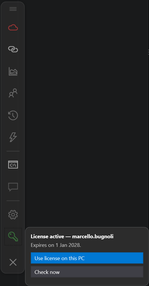 The license status and its commands in the command bar.